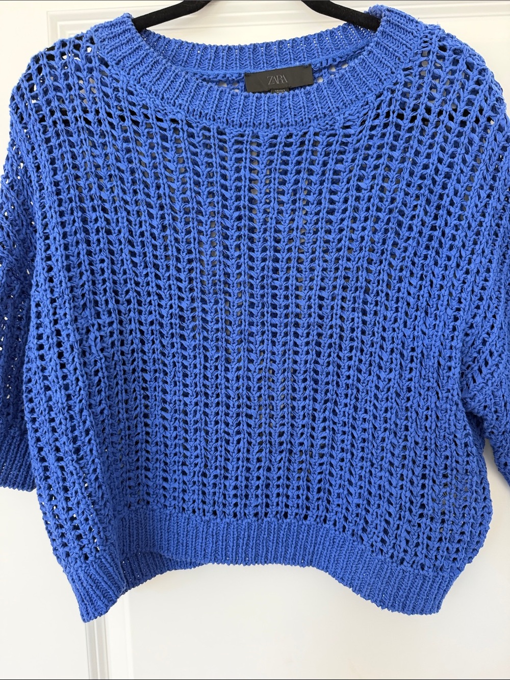 Zara Royal Blue Open-Weave Boxy Crew Sweater